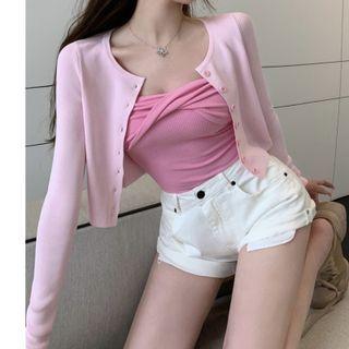 Long-sleeve Plain Cardigan / Plain Knotted Top