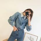 Lace-collar Frilled Denim Shirt Blue - One Size