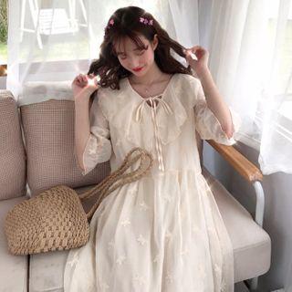 Elbow-sleeve Embroidered Midi A-line Chiffon Dress