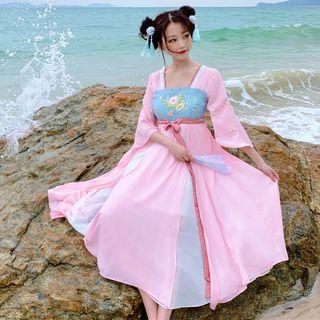 Elbow-sleeve Embroidered Midi Hanfu Dress