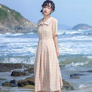 Short-sleeve Collar Plaid Midi A-line Dress