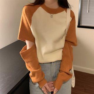 Color Block Slit Long-sleeve Knit Top