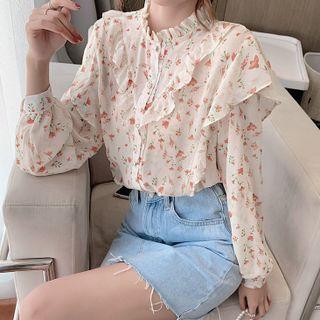 Short-sleeve Ruffle Trim Floral Print Blouse