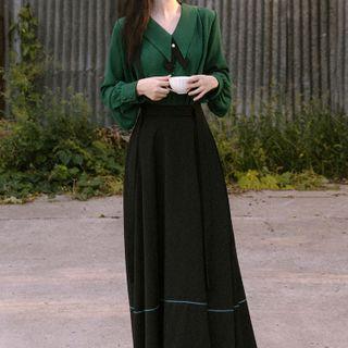 Set: Plain Blouse + Striped Midi A-line Skirt