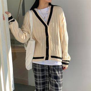 Contrast Trim V-neck Cardigan Almond - One Size