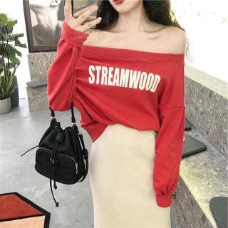 Long-sleeve Off-shoulder Lettering Top / High-waist Plain Skirt