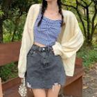 Gingham Bow Camisole Top / Pointelle Knit Cardigan / Distressed Denim Pencil Skirt