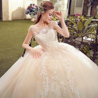 Crochet Mesh Trim Cap Sleeve Wedding Ball Gown