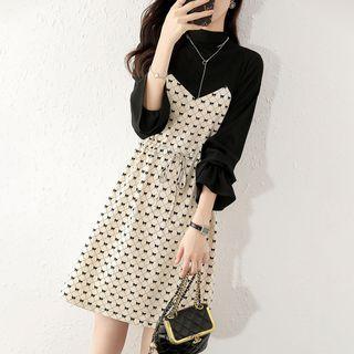 Mock Neck Bow Print Mock Two Piece Dress