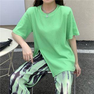 Short-sleeve Plain T-shirt / Tie Dye Wide-leg Pants