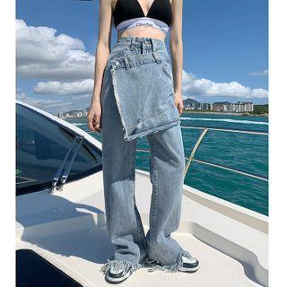 Mock Two-piece Fray Hem Wide Leg Jeans (various Designs)