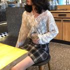 Lace Long-sleeve Top / Plaid A-line Skirt