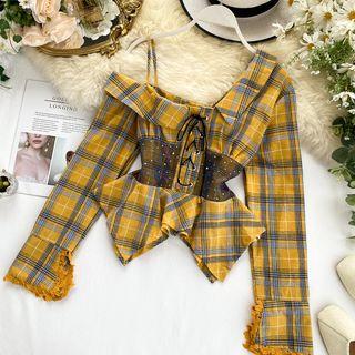 Long-sleeve Plaid Lace-up Top