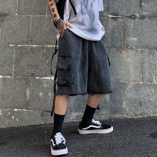 Fray-hem Denim Cargo Shorts
