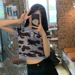 Short-sleeve Polo-neck Milk Cow Print Knit Top