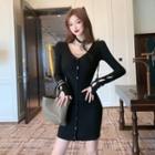 V-neck Button-up Knit Mini Bodycon Dress