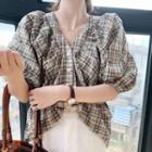 Plaid Puff-sleeve Blouse White - One Size