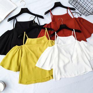 Plain Off-shoulder Chiffon Short-sleeve Blouse