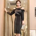 Set: Frill Trim Cut Out Shoulder Blouse + Beaded Midi Skirt