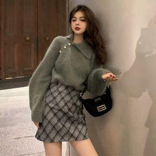 Set: Button Collared Sweater + Plaid Mini A-line Skirt