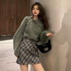 Set: Button Collared Sweater + Plaid Mini A-line Skirt