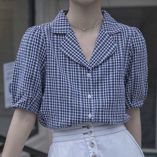 Puff-sleeve Notch Lapel Plaid Blouse