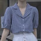 Puff-sleeve Notch Lapel Plaid Blouse