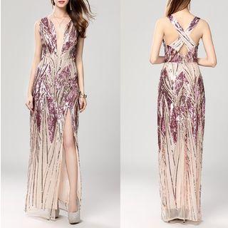 Cross Back Deep V-neck Slit-front Sequined Evening Gown