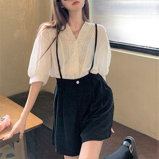 Elbow-sleeve Blouse / Wide Leg Suspender Shorts