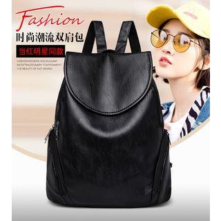 Faux Leather Flap Cover Backpack Black - One Size