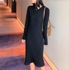 Long-sleeve Midi Shift Knit Dress Black - One Size