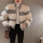 Furry Herrigbone Zip-up Jacket Black & White - One Size