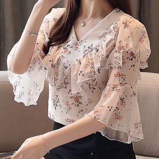 Elbow-sleeve Floral Print Ruffled Blouse