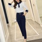 Set: Long-sleeve Collared Blouse + Cropped Straight-cut Pants
