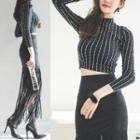 Long-sleeve Mock-neck Striped Cropped Top