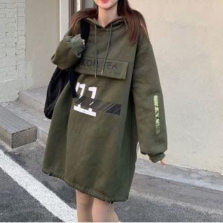 Lettering Mini Hoodie Dress Army Green - One Size