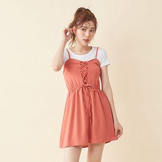 Lace Up Strappy A-line Dress Wine Red - One Size