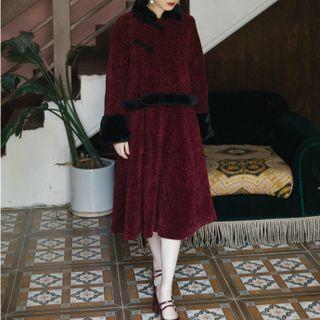 Set: Long-sleeve Frog-button Top + Midi A-line Skirt