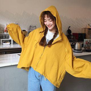 Plain Batwing-sleeve Loose-fit Zip Jacket