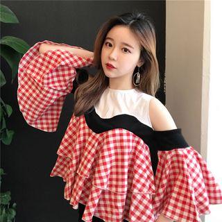 Cut-out Shoulder Checked Top