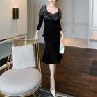 Puff-sleeve Faux Pearl Panel A-line Dress