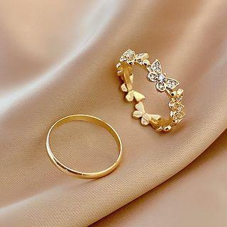 Set Of 2: Butterfly Rhinestone Alloy Open Ring + Polished Alloy Ring
