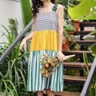 Sleeveless Color-block Stripe-panel Midi Dress
