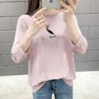Feather Embroidered 3/4-sleeve Knit Top