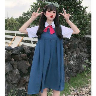 Elbow-sleeve Ribbon Shirt / Sleeveless Pleated Dress
