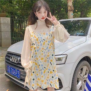 Lantern-sleeve Chiffon Top / Printed Mini Pinafore Dress