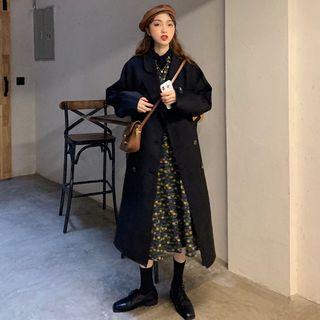 Double-breasted Coat / Long-sleeve Floral Print Midi A-line Dress
