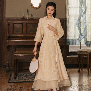 Set: 3/4-sleeve Lace Shirt + Spaghetti Strap Tasseled Maxi A-line Dress