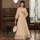 Set: 3/4-sleeve Lace Shirt + Spaghetti Strap Tasseled Maxi A-line Dress