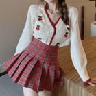 Cherry Cardigan / Plaid Pleated Skirt